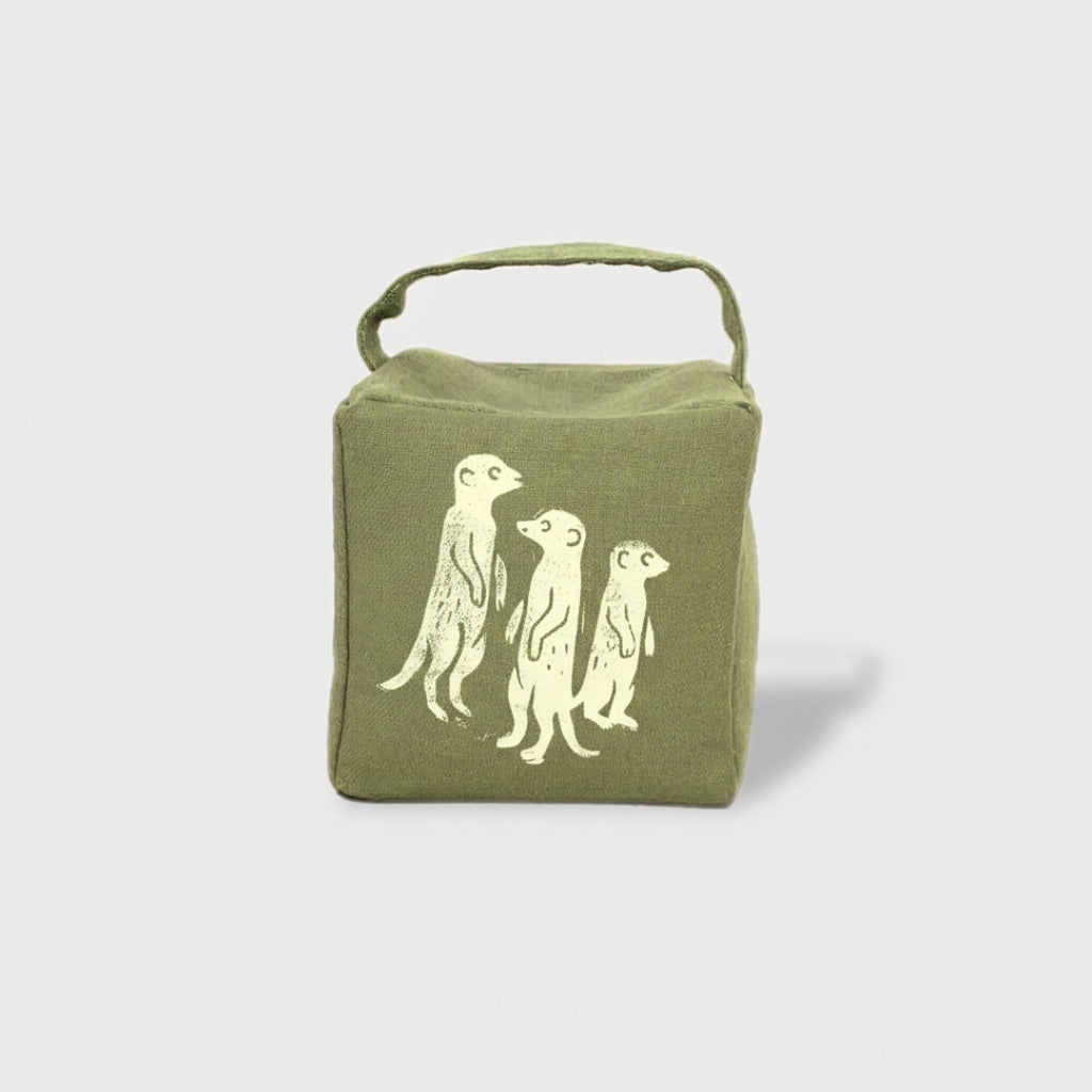 The Moko mob of meerkats doorstop in fynbos green
