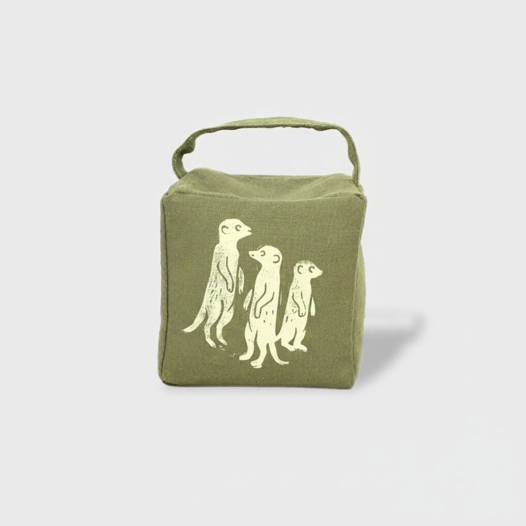 The Moko mob of meerkats doorstop in fynbos green