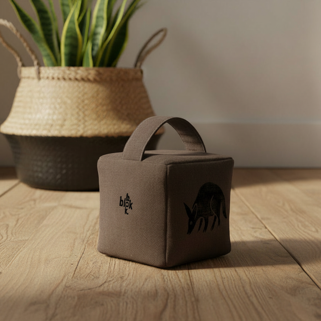 Charcoal aardvark doorstop with black ink - lifestyle