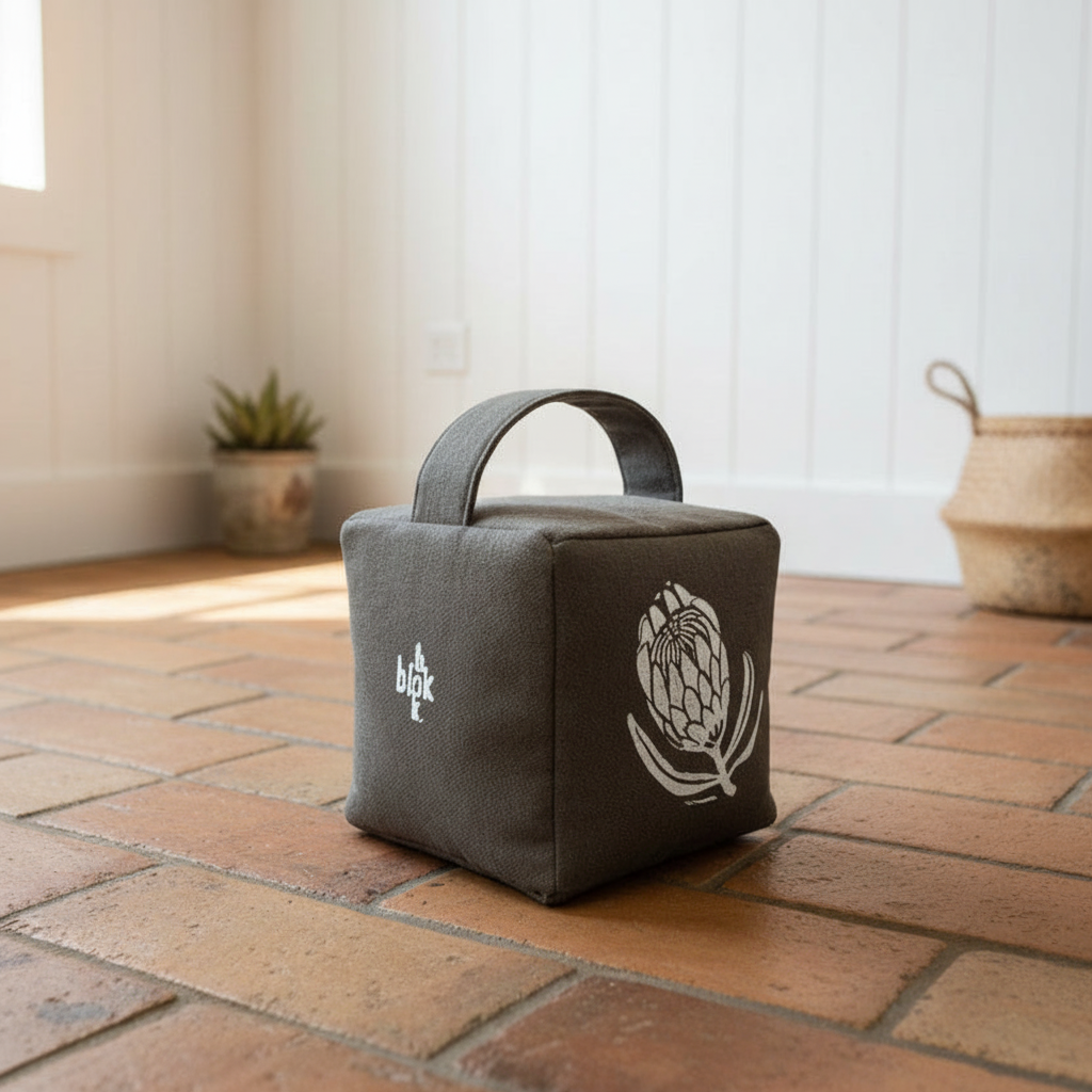 Charcoal doorstop with white ink - lifestyle setting