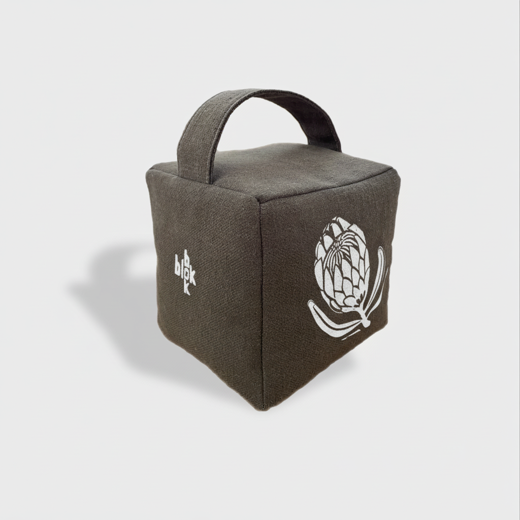 Charcoal doorstop with white ink print - angled view