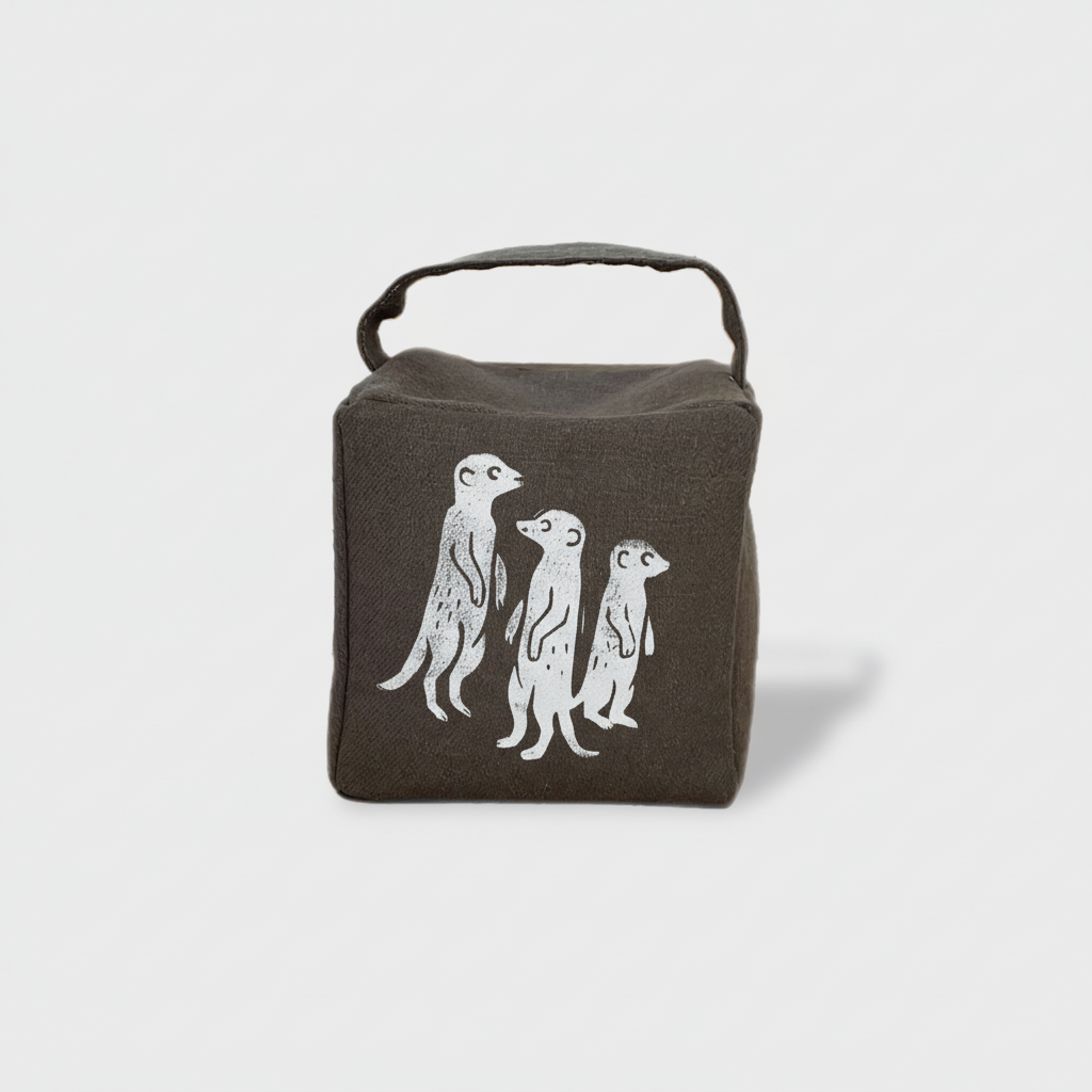 Charcoal meerkat doorstop with white ink - front view