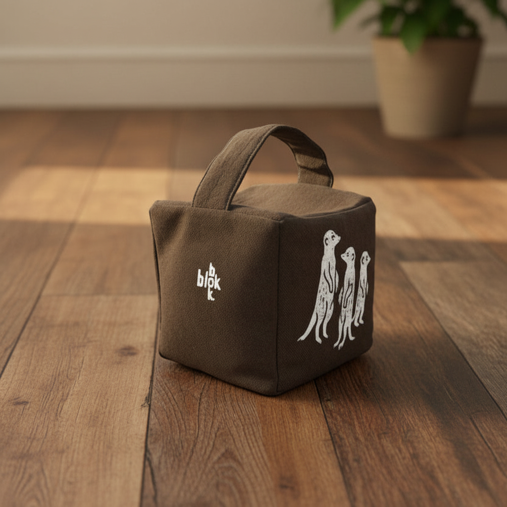Charcoal meerkat doorstop with white ink - lifestyle setting