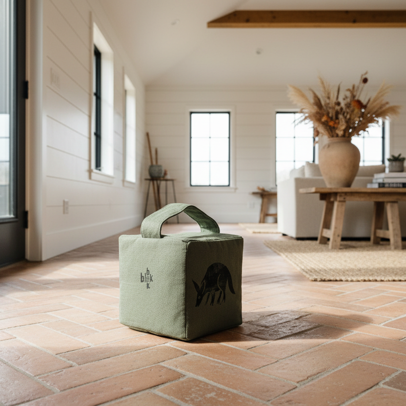 Forest green aardvark doorstop on terracotta floor in modern farmhouse