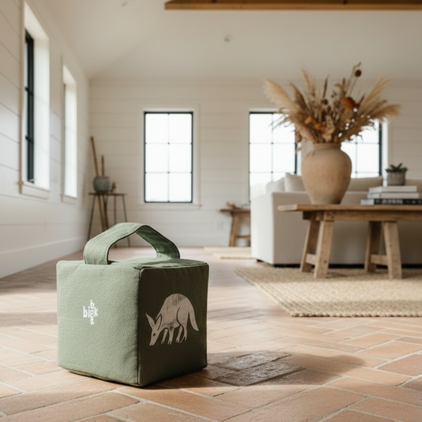 Forest green aardvark doorstop with white ink on terracotta floor