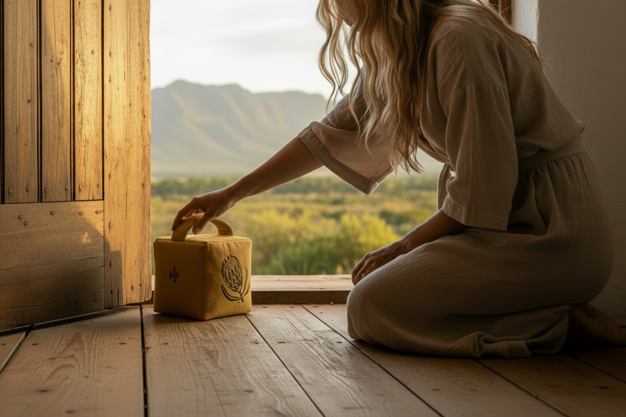 Hero image with ochre Suki sugarbush doorstop and fynbos landscape
