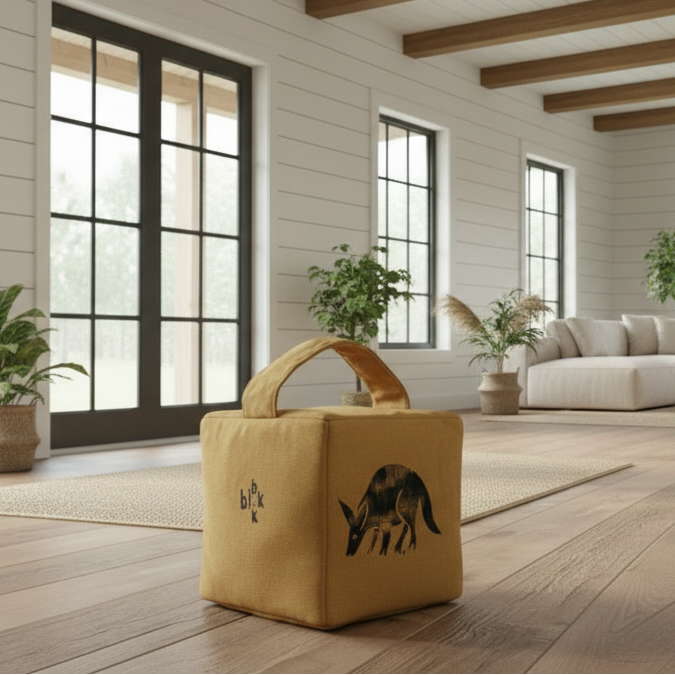 Muted ochre aardvark doorstop with all black ink on rustic wooden floor