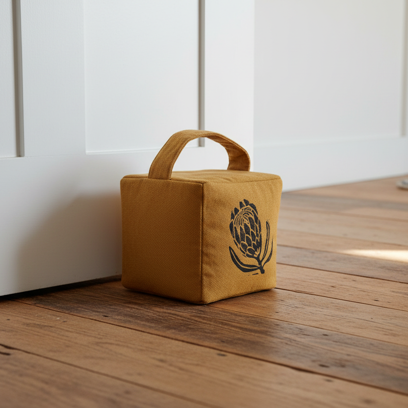 Ochre doorstop on rustic wooden floor