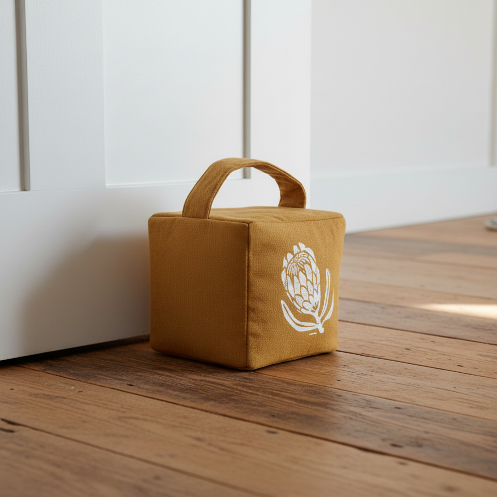 Ochre doorstop with white ink print