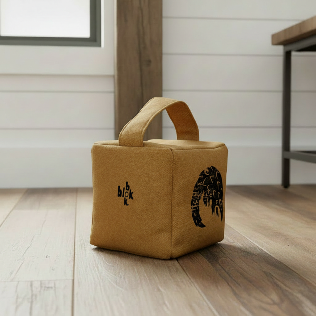 Ochre Rolo pangolin doorstop with black ink - lifestyle setting
