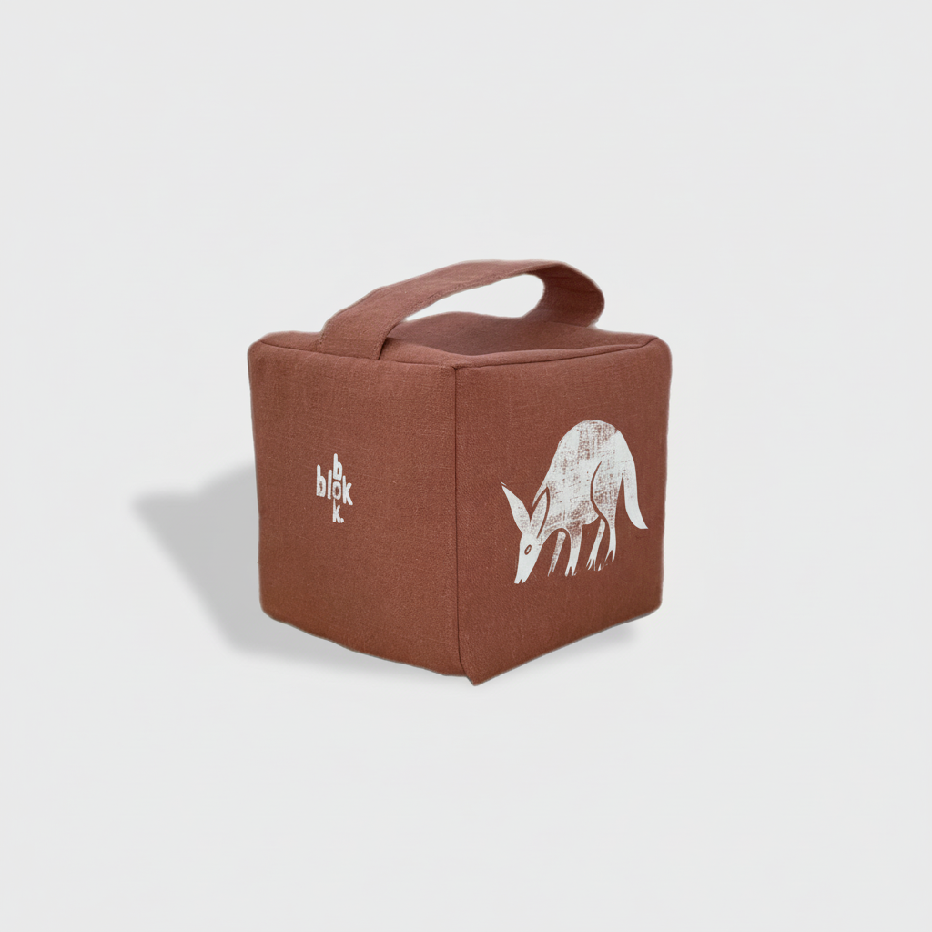 Terracotta aardvark doorstop with white ink - angled view