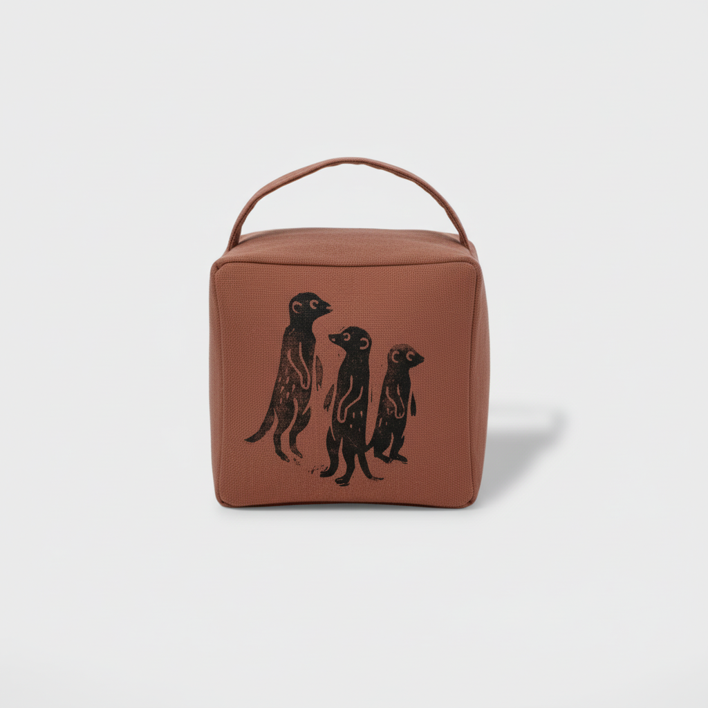 Terracotta doorstop with black ink meerkat print