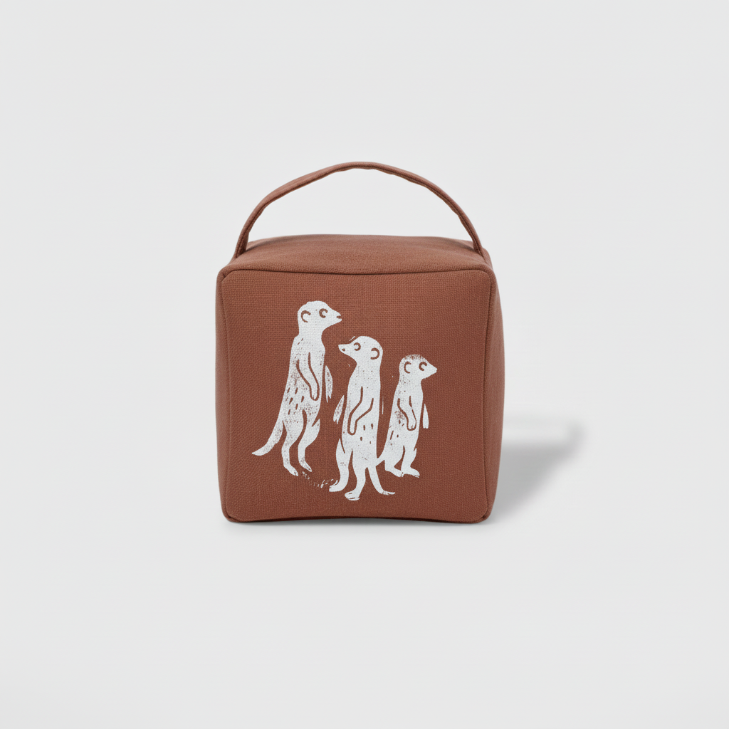 Terracotta meerkat doorstop with white ink - front view